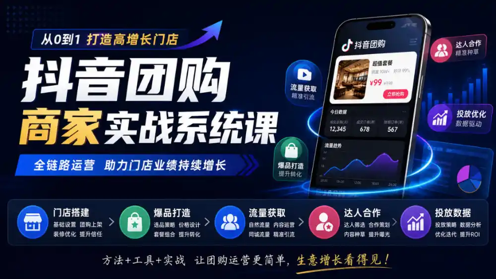 抖音团购商家实战系统课|门店搭建、爆品打造、流量获取、达人合作、投放数据全链路运营-一起筹课网
