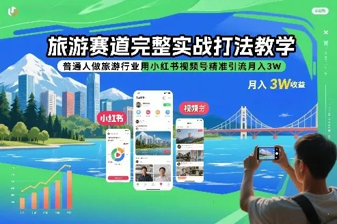 旅游赛道完整实战打法教学,普通人做旅游行业用小红书视频号精准引流月入3W-一起筹课网
