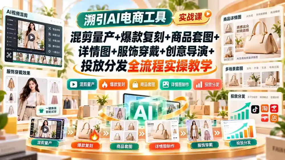 溯引AI电商工具实战课：混剪量产+爆款复刻+商品套图+详情图+服饰穿戴+创意导演+投放分发全流程实操教学-一起筹课网