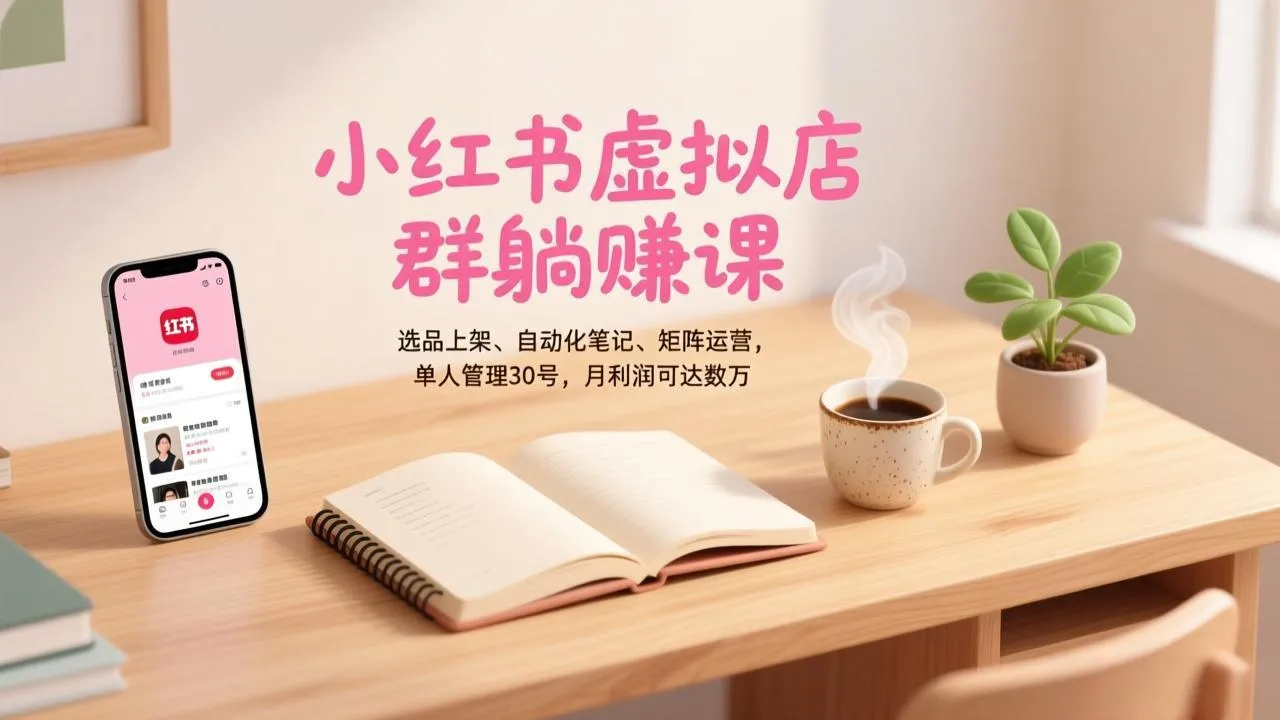 小红书虚拟店群躺赚课，选品上架、自动化笔记、矩阵运营，单人管理30号，月利润可达数万-一起筹课网