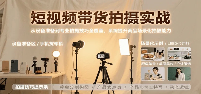 短视频带货拍摄实战，从设备准备到专业拍摄技巧全覆盖，系统提升商品场景化拍摄能力-一起筹课网