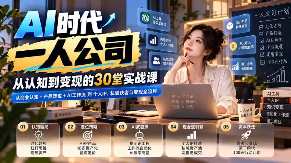 【无水印】AI时代一人公司30堂实战课：从商业认知+产品定位+AI工作流到个人IP、私域获客与变现全流程-一起筹课网