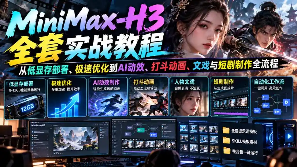 MiniMax-H3全套实战教程：从低显存部署、极速优化到AI动效、打斗动画、文戏与短剧制作全流程-一起筹课网