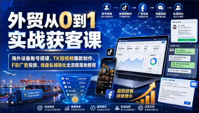 外贸从0到1实战获客课｜海外设备账号搭建、TK短视频爆款制作、FB广告投放、询盘私域转化全流程落地教程-一起筹课网