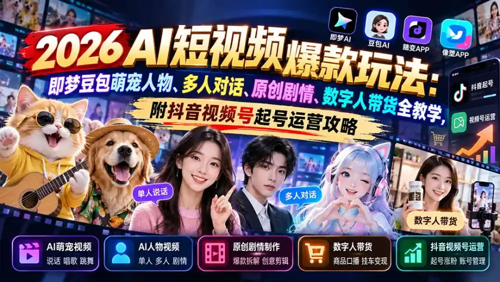 2026AI短视频爆款玩法：即梦豆包萌宠人物、多人对话、原创剧情、数字人带货全教学，附抖音视频号起号运营攻略-一起筹课网