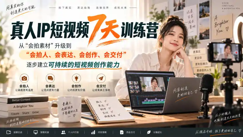 真人IP短视频7天训练营，从“会拍素材”升级到“会拍人、会表达、会创作、会交付”，逐步建立可持续的短视频创作能力-一起筹课网