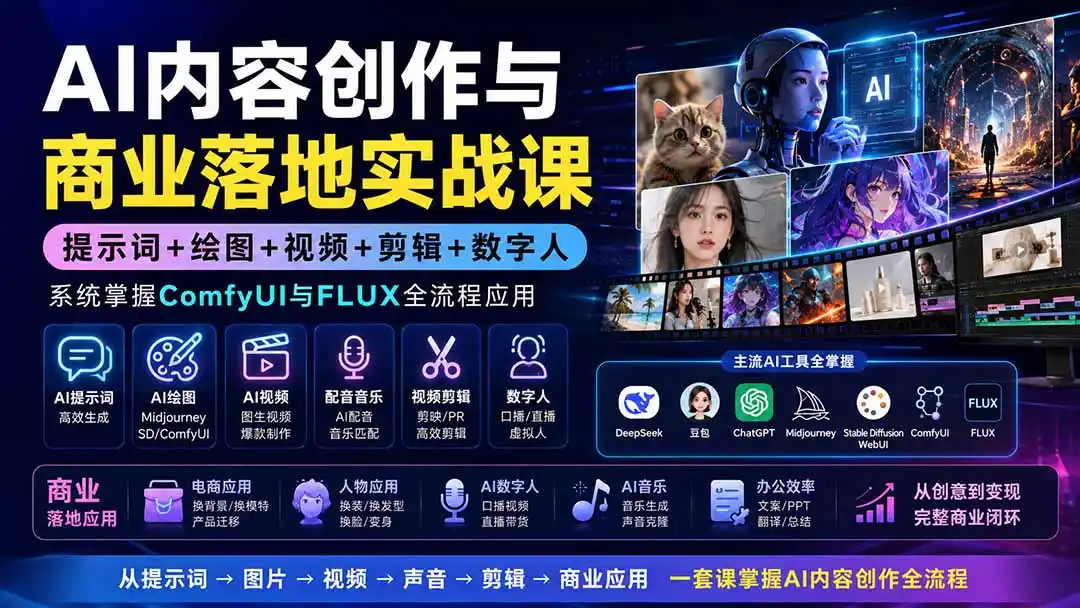 AI内容创作与商业落地实战课：提示词+绘图+视频+剪辑+数字人，系统掌握ComfyUI与FLUX全流程应用-一起筹课网