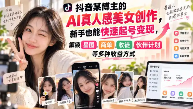 抖音某博主的AI真人感美女创作，新手也能快速起号变现，解锁星图，商单，收徒，伙伴计划等多种收益方式-一起筹课网