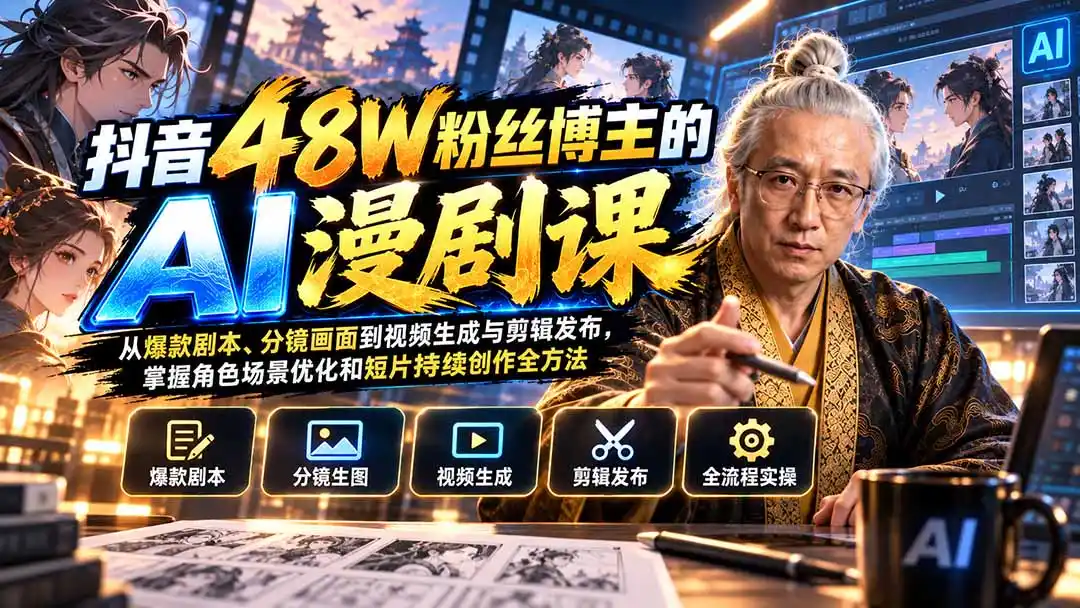 抖音48W粉丝博主的AI漫剧课：从爆款剧本、分镜画面到视频生成与剪辑发布，掌握角色场景优化和短片持续创作全方法-一起筹课网