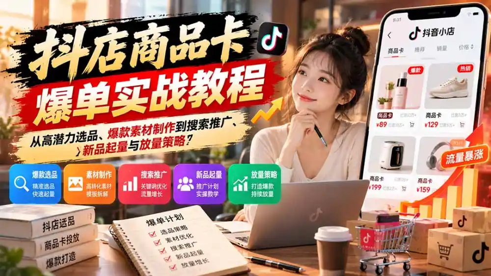 抖店商品卡爆单实战教程：从高潜力选品、爆款素材制作到搜索推广、新品起量与放量策略-一起筹课网