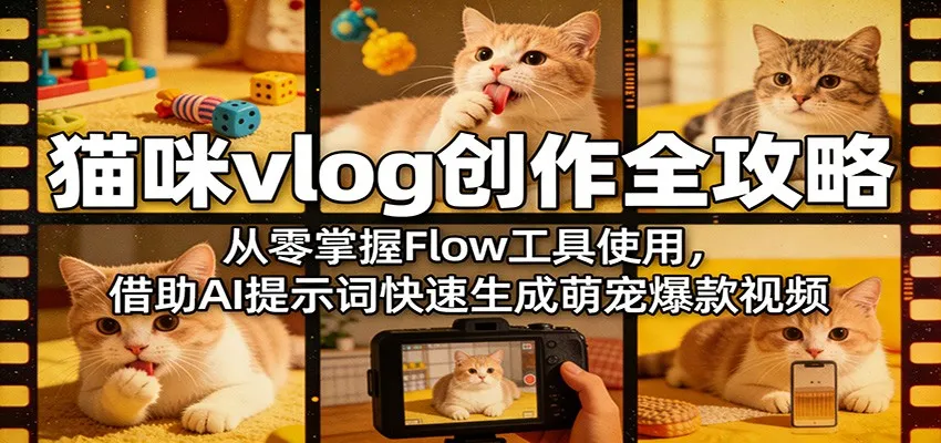 猫咪vlog创作全攻略：从零掌握Flow工具使用，借助AI提示词快速生成萌宠爆款视频-一起筹课网