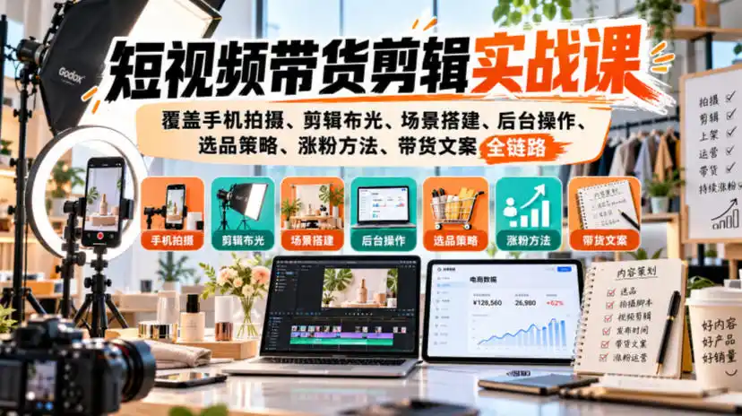 短视频带货剪辑实战课，覆盖手机拍摄、剪辑布光、场景搭建、后台操作、选品策略、涨粉方法、带货文案全链路-一起筹课网