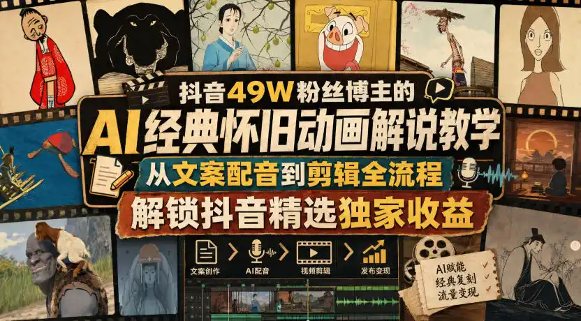 抖音49W粉丝博主的AI经典怀旧动画解说教学，从文案配音到剪辑全流程，解锁抖音精选独家收益-一起筹课网