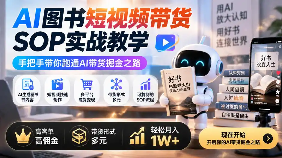 AI图书短视频带货SOP实战教学,手把手带你跑通AI带货掘金之路,高客单高佣金,带货形式多元,轻松月入1W+-一起筹课网