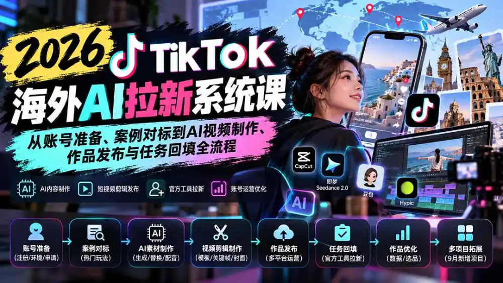 【无水印】2026 TikTok海外AI拉新系统课：从账号准备、案例对标到AI视频制作、作品发布与任务回填全流程-一起筹课网