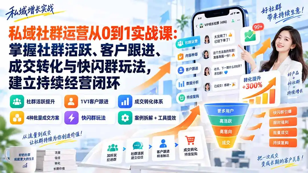 私域社群运营从0到1实战课：掌握社群活跃、客户跟进、成交转化与快闪群玩法，建立持续经营闭环-一起筹课网