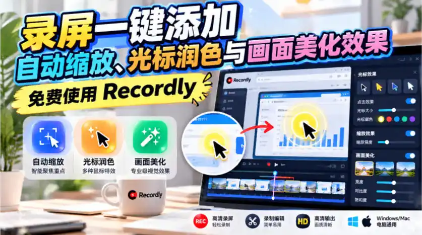 录屏一键添加自动缩放、光标润色与画面美化效果，免费使用Recordly-一起筹课网