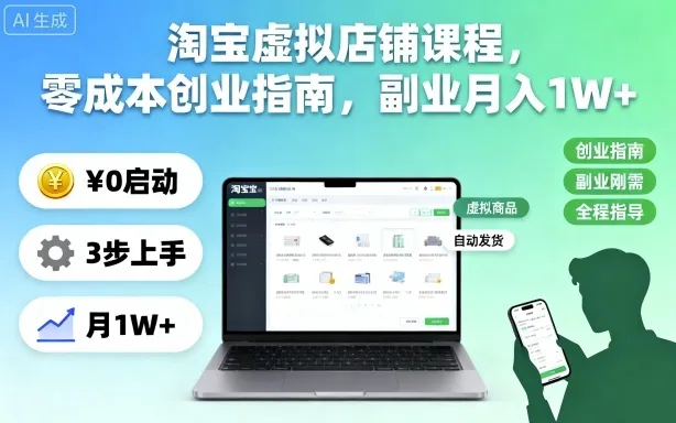 淘宝虚拟店铺课程,零成本创业指南,副业月入1W+-一起筹课网