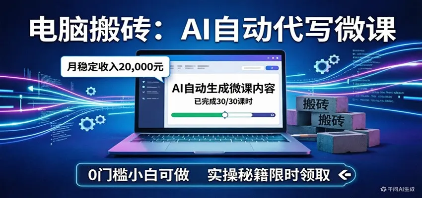 电脑搬砖AI自动代写微课,月稳定2W,0门槛小白可做,实操秘籍-一起筹课网