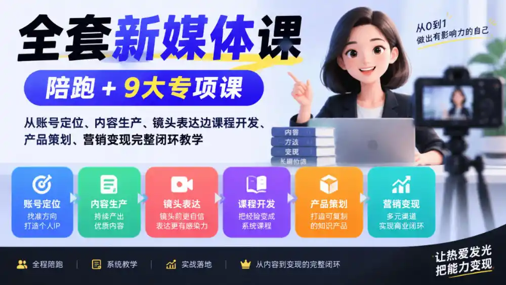 全套新媒体课｜陪跑+9大专项课，从账号定位、内容生产、镜头表达到课程开发、产品策划、营销变现完整闭环教学-一起筹课网