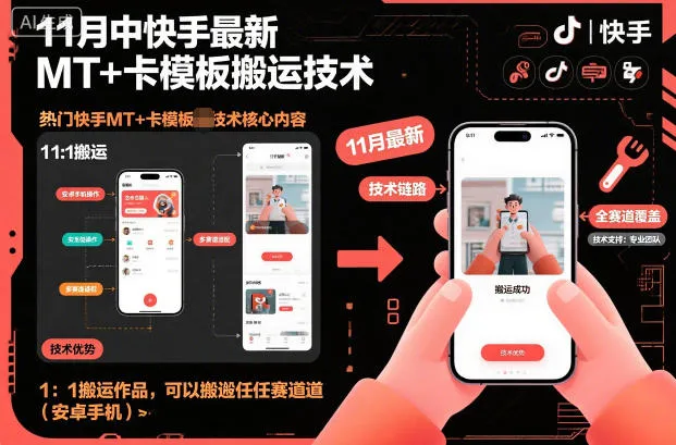 11月中快手最新MT+卡模板搬运技术，1：1搬运作品，可以搬运任何赛道(安卓手机)-一起筹课网