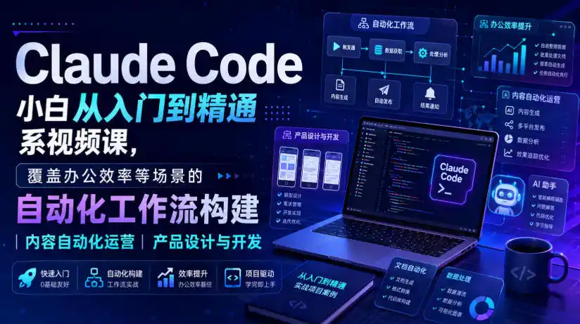 Claude Code小白从入门到精通系视频课，覆盖办公效率等场景的自动化工作流构建|内容自动化运营|产品设计与开发-一起筹课网
