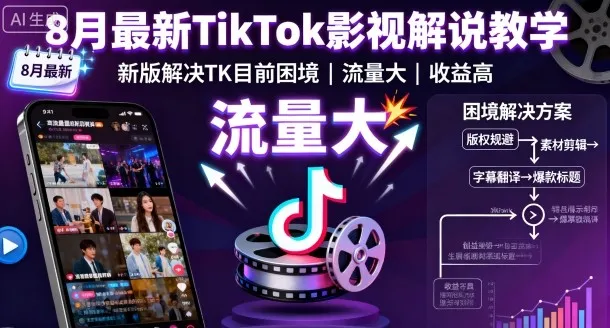 8月最新TikTok影视解说教学,新版解决TK目前困境,流量大,收益高-一起筹课网
