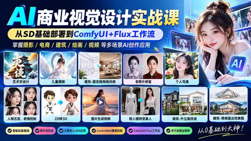 【无水印】AI商业视觉设计实战课：从SD基础部署到ComfyUI+Flux工作流，掌握摄影电商建筑AI创作-一起筹课网