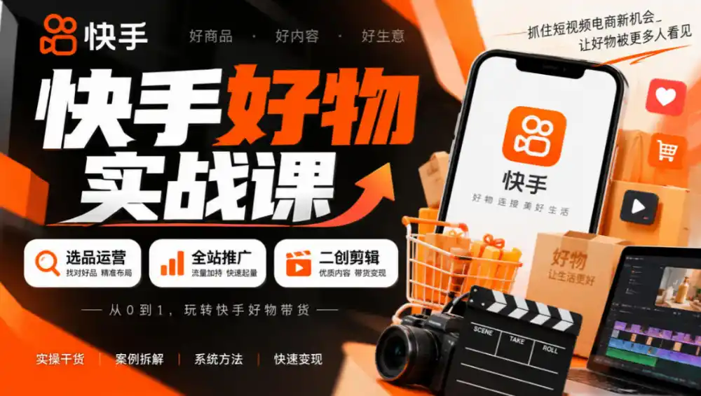 快手好物实战课｜选品运营+全站推广+二创剪辑带货变现-一起筹课网