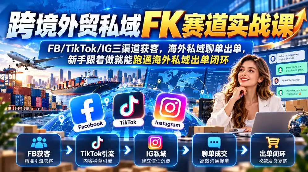 跨境外贸私域FK赛道实战课|FB/TikTok/IG三渠道获客,海外私域聊单出单,新手跟着做就能跑通海外私域出单闭环-一起筹课网