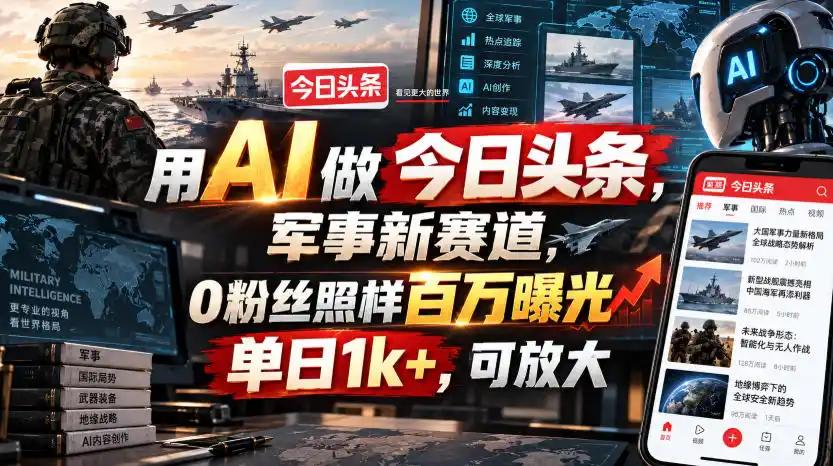 用AI做今日头条，军事新赛道，0粉丝照样百万曝光，单日1k+，可放大-一起筹课网