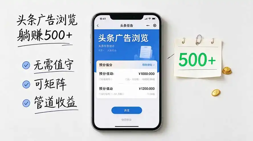 头条广告浏览躺赚500+无需值守，可矩阵并附有管道收益-一起筹课网