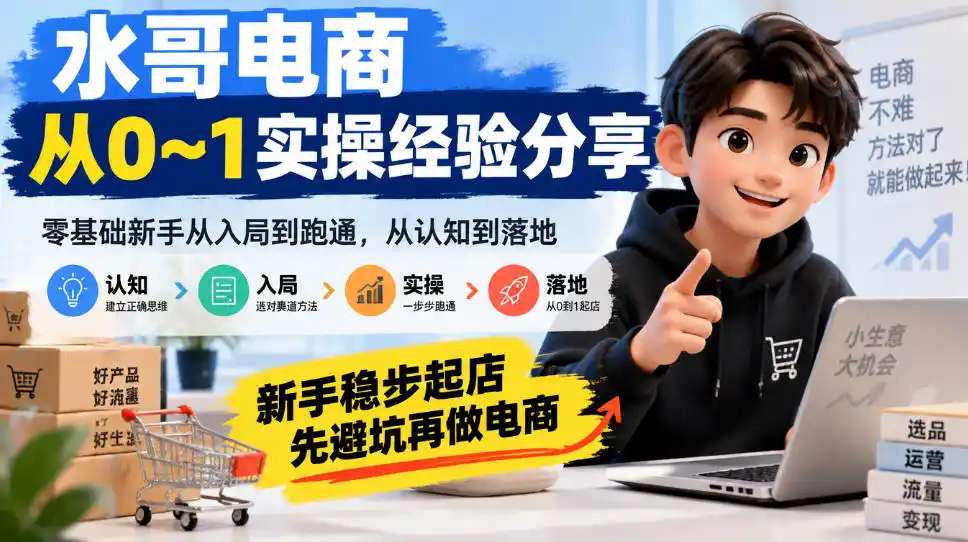 水哥电商从0~1实操经验分享，零基础新手从入局到跑通，从认知到落地，新手稳步起店，先避坑再做电商-一起筹课网