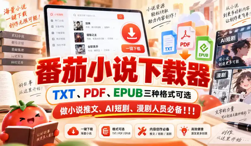 番茄小说下载器，TXT、PDF、EPUB三种格式可选，做小说推文、AI短剧、漫剧人员必备！！！-一起筹课网
