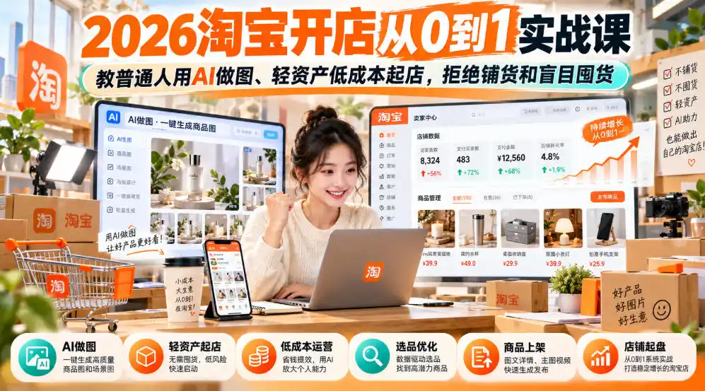 2026淘宝开店从0到1实战课,教普通人用AI做图、轻资产低成本起店,拒绝铺货和盲目囤货-一起筹课网