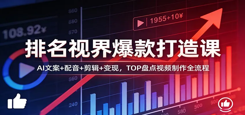 排名视界爆款打造课:AI文案+配音+剪辑+变现,TOP盘点视频制作全流程-一起筹课网