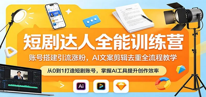 短剧达人全能训练营:账号搭建引流涨粉,AI 文案剪辑去重全流程教学-一起筹课网