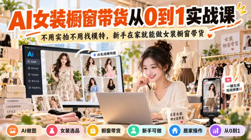 AI女装橱窗带货从0到1实战课，不用实拍不用找模特，新手在家就能做女装橱窗带货-一起筹课网