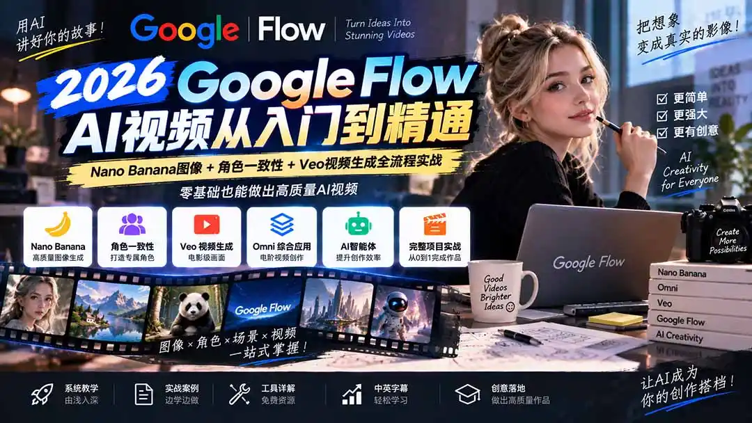 【无水印】Google Flow AI视频从入门到精通：Nano Banana图像+角色一致性+Veo视频生成全流程实战-精翻中英字幕-一起筹课网