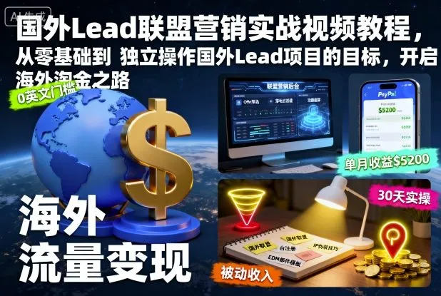 国外Lead联盟营销实战视频教程，从零基础到独立操作国外Lead项目的目标，开启海外淘金之路-一起筹课网