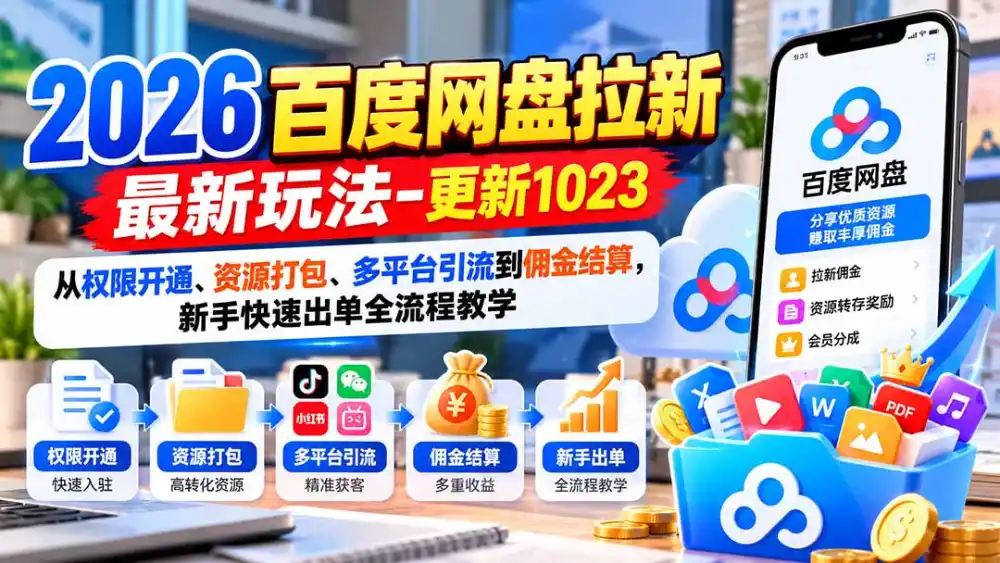 2026百度网盘拉新最新玩法-更新1023：从权限开通、资源打包、多平台引流到佣金结算，新手快速出单全流程教学-一起筹课网
