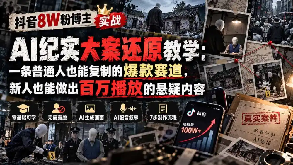 抖音8W粉博主AI纪实大案还原教学：一条普通人也能复制的爆款赛道，新人也能做出百万播放的悬疑内容-一起筹课网