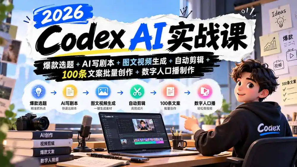 2026Codex AI实战课：爆款选题+AI写剧本+图文视频生成+自动剪辑+100条文案批量创作+数字人口播制作-一起筹课网