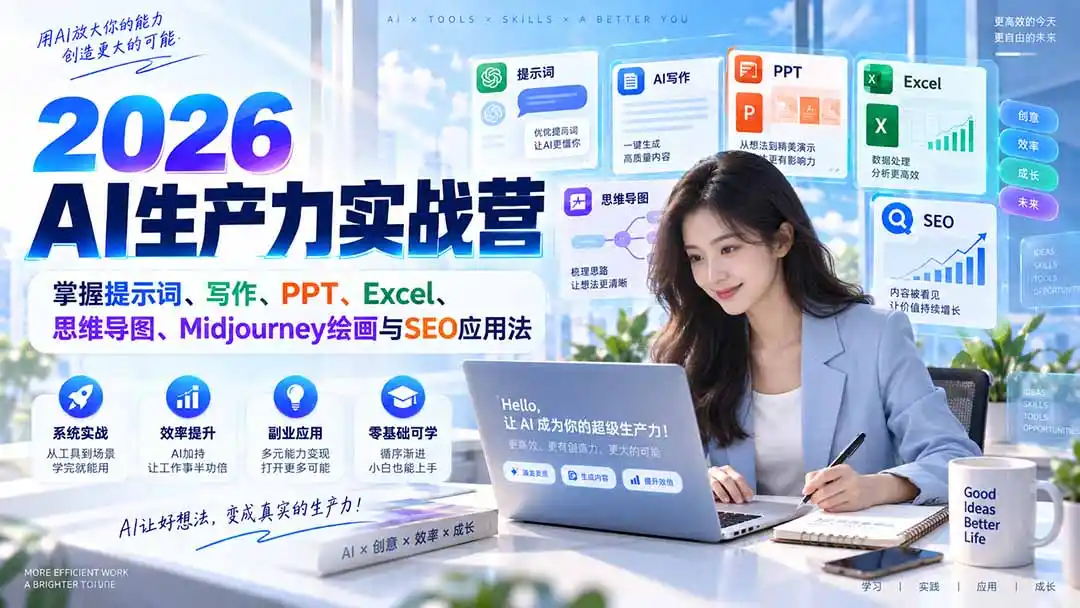 2026AI生产力实战营：掌握提示词、写作、PPT、Excel、思维导图、Midjourney绘画与SEO应用法-一起筹课网