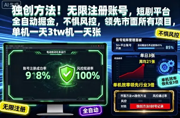 独创方法！无限注册账号，短剧平台全自动掘金，不惧风控，领先市面所有项目，单机一天3张【揭秘】-一起筹课网