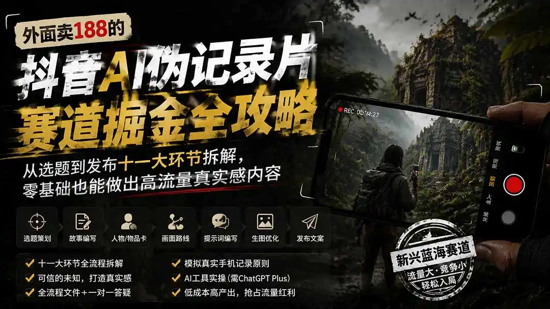 外面卖188的抖音AI伪记录片赛道掘金全攻略；从选题到发布十一大环节拆解，零基础也能做出高流量真实感内容-一起筹课网