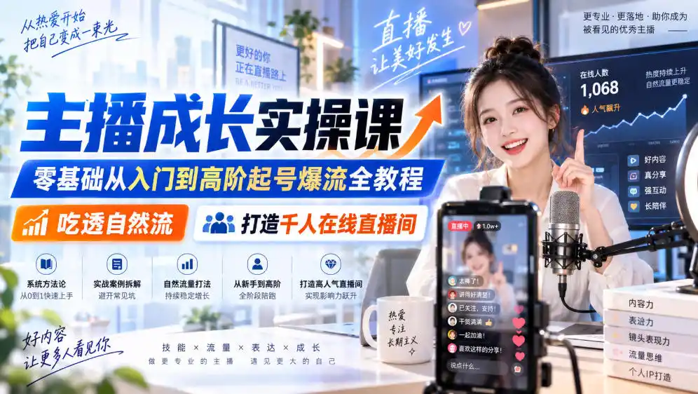 主播成长实操课｜零基础从入门到高阶起号爆流全教程，吃透自然流，打造千人在线直播间-一起筹课网