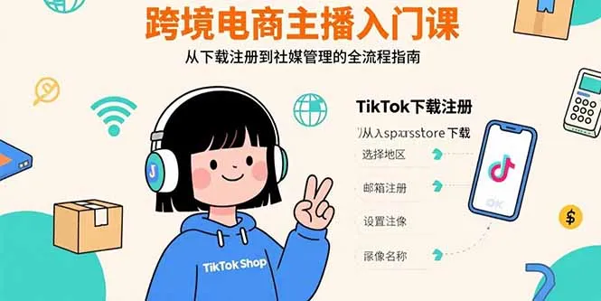 跨境电商主播入门课,TikTok下载注册,支付工具配置,社媒账号管理全流程-一起筹课网