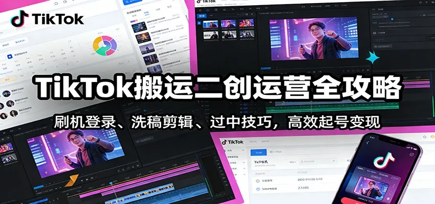 TikTok搬运二创运营全攻略：刷机登录、洗稿剪辑 、过中技巧，高效起号变现-一起筹课网