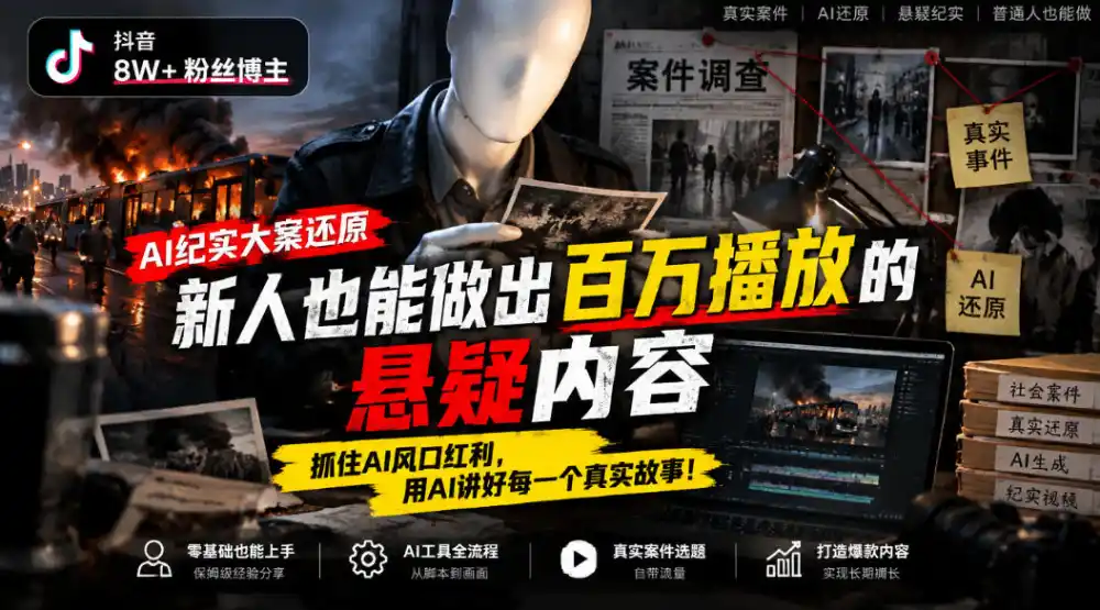 抖音8W粉丝博主的AI纪实大案还原教学，新人也能做出百W播放的悬疑内容，抓住AI风口红利，用AI讲好每一个真实故事-一起筹课网